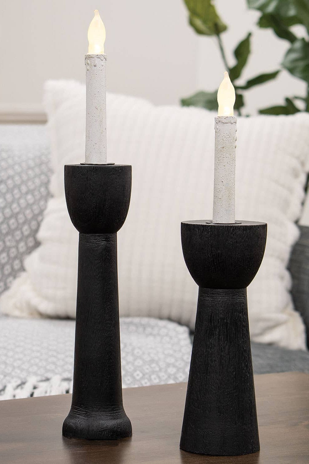 Brushed Black Wood Taper Holder, 8"