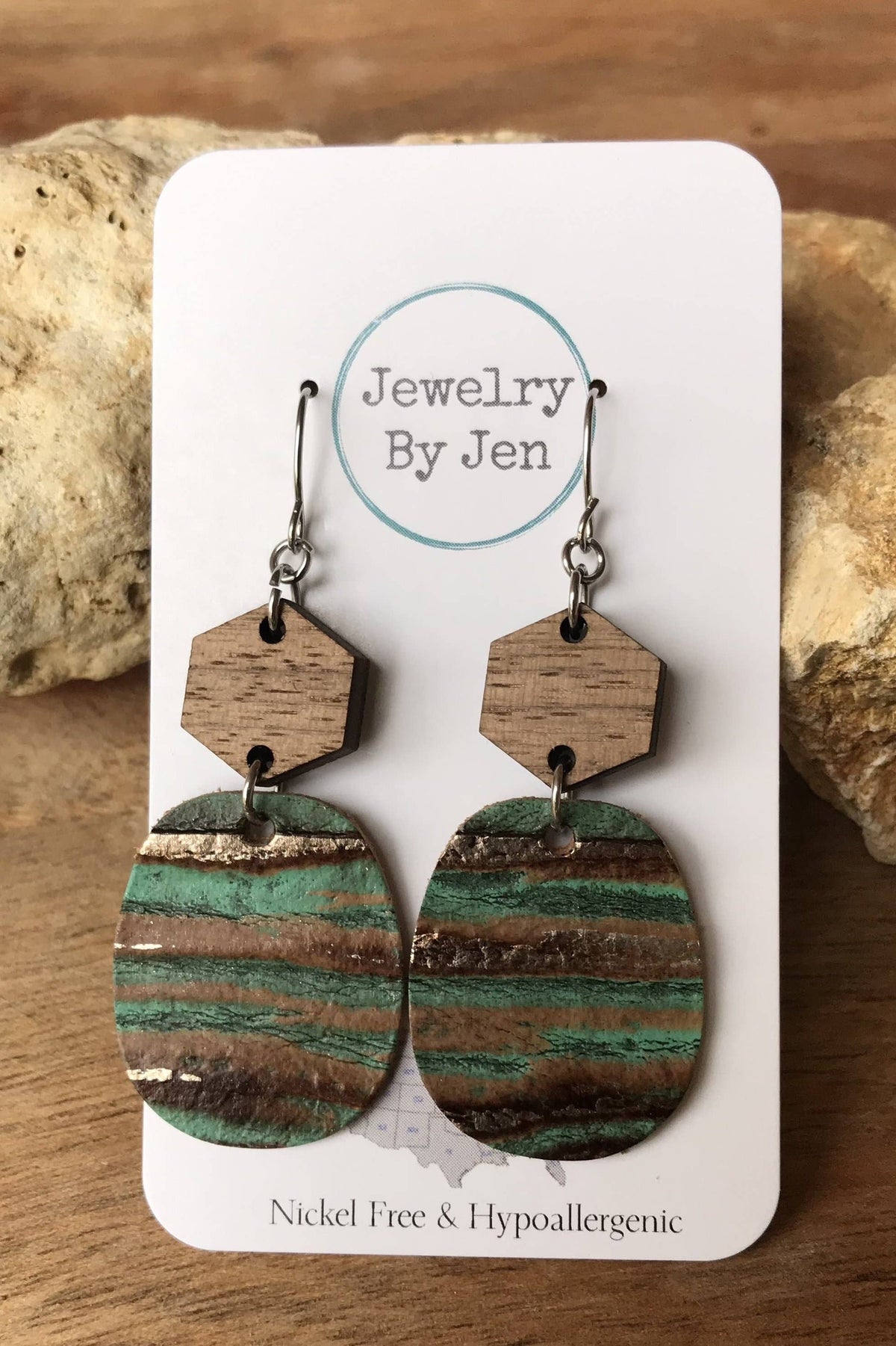 Wood Hexagon w/Aqua Bronze Earrings