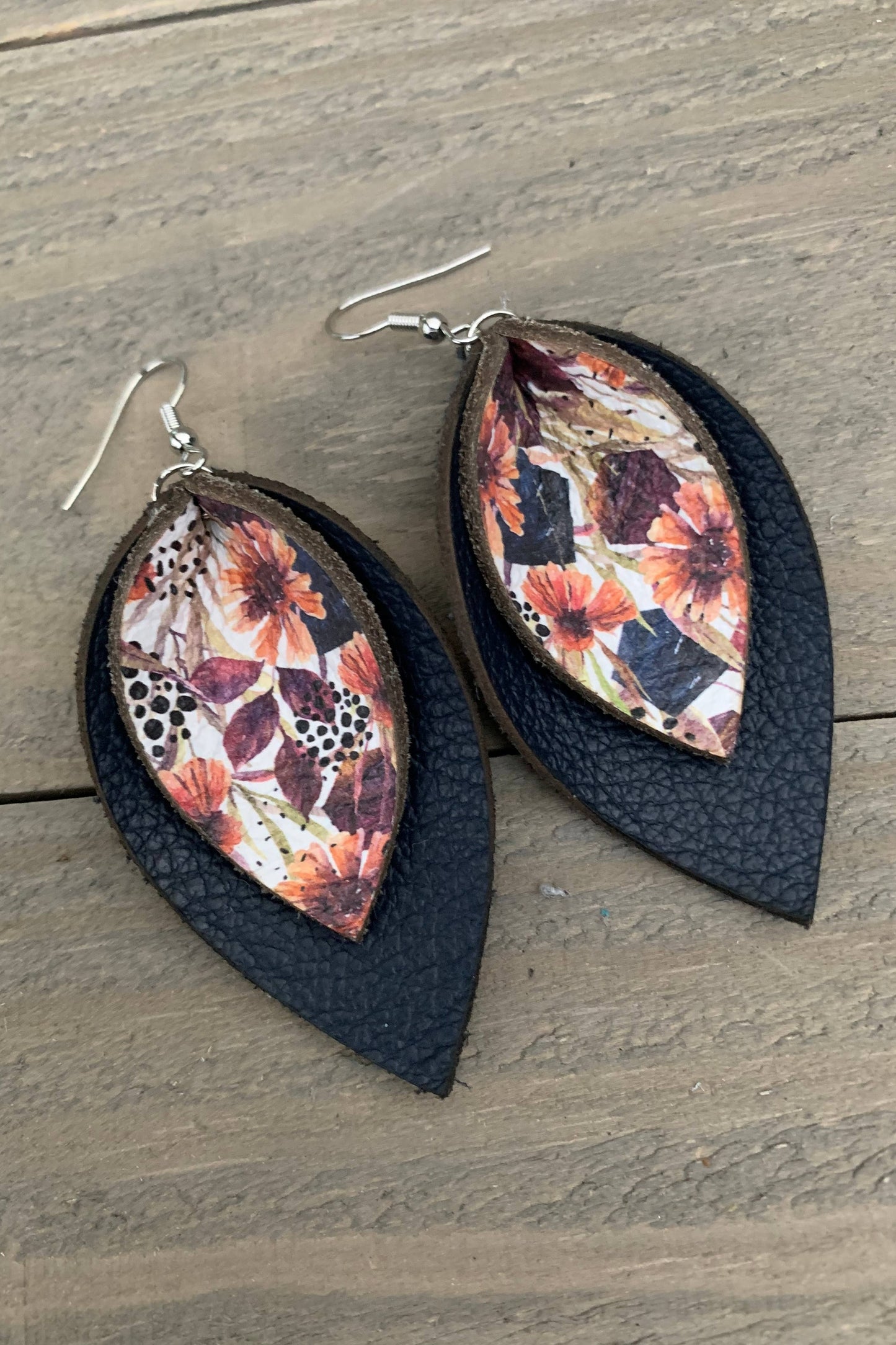 Navy Fall Floral Double Layered Petal Leather Earrings
