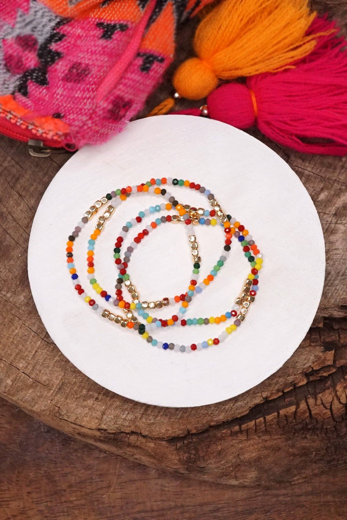 Gold tone 4 layering bracelets stack multi color glass beads: Neutrals mix