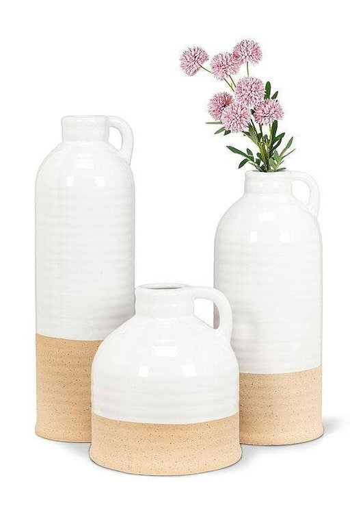 White & Natural Shiny & Matte Vase with Handle-6"H