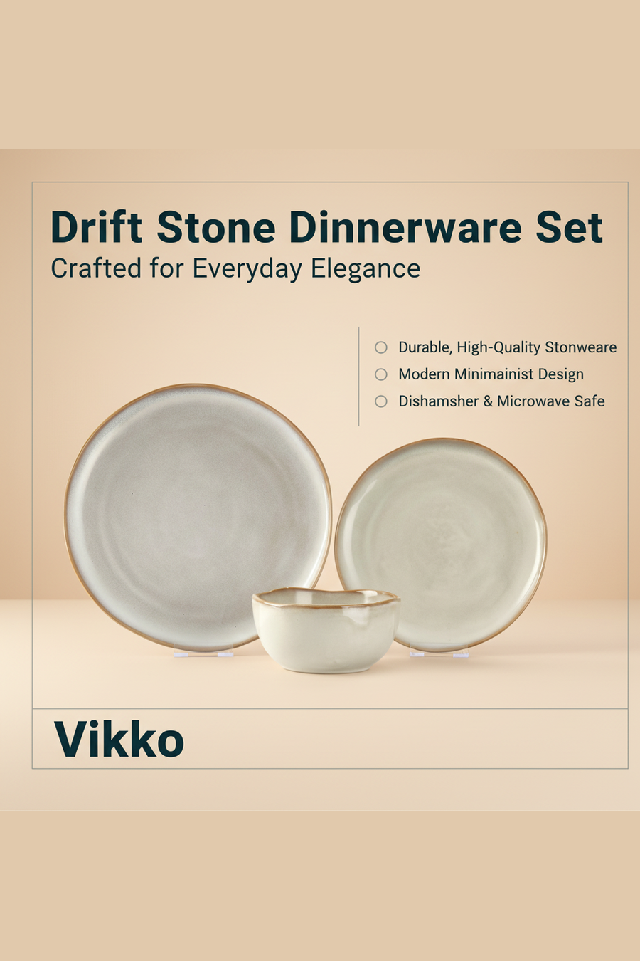 Vikko - Drift, Stone with Brown Rim, 12 Pc Dinnerware Set