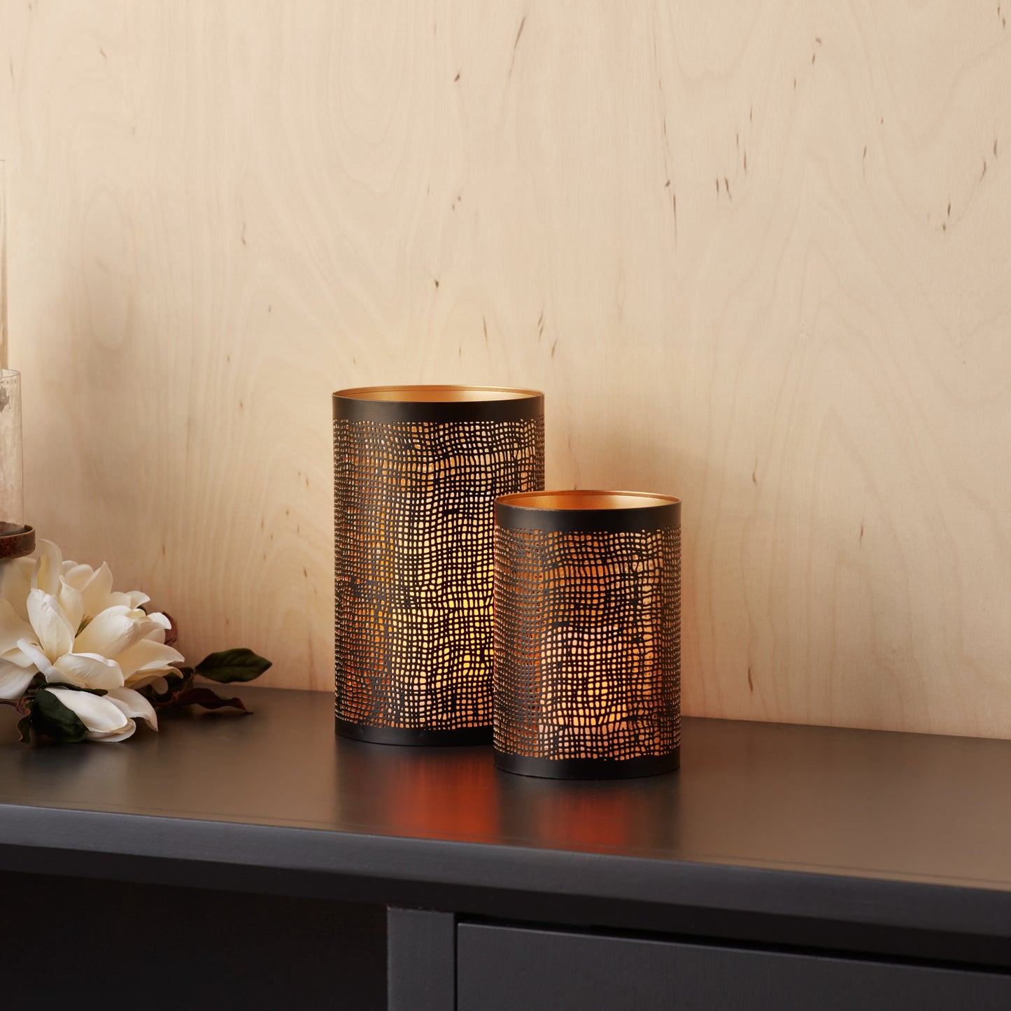 Black and Gold Abstract Punched Candle Holders