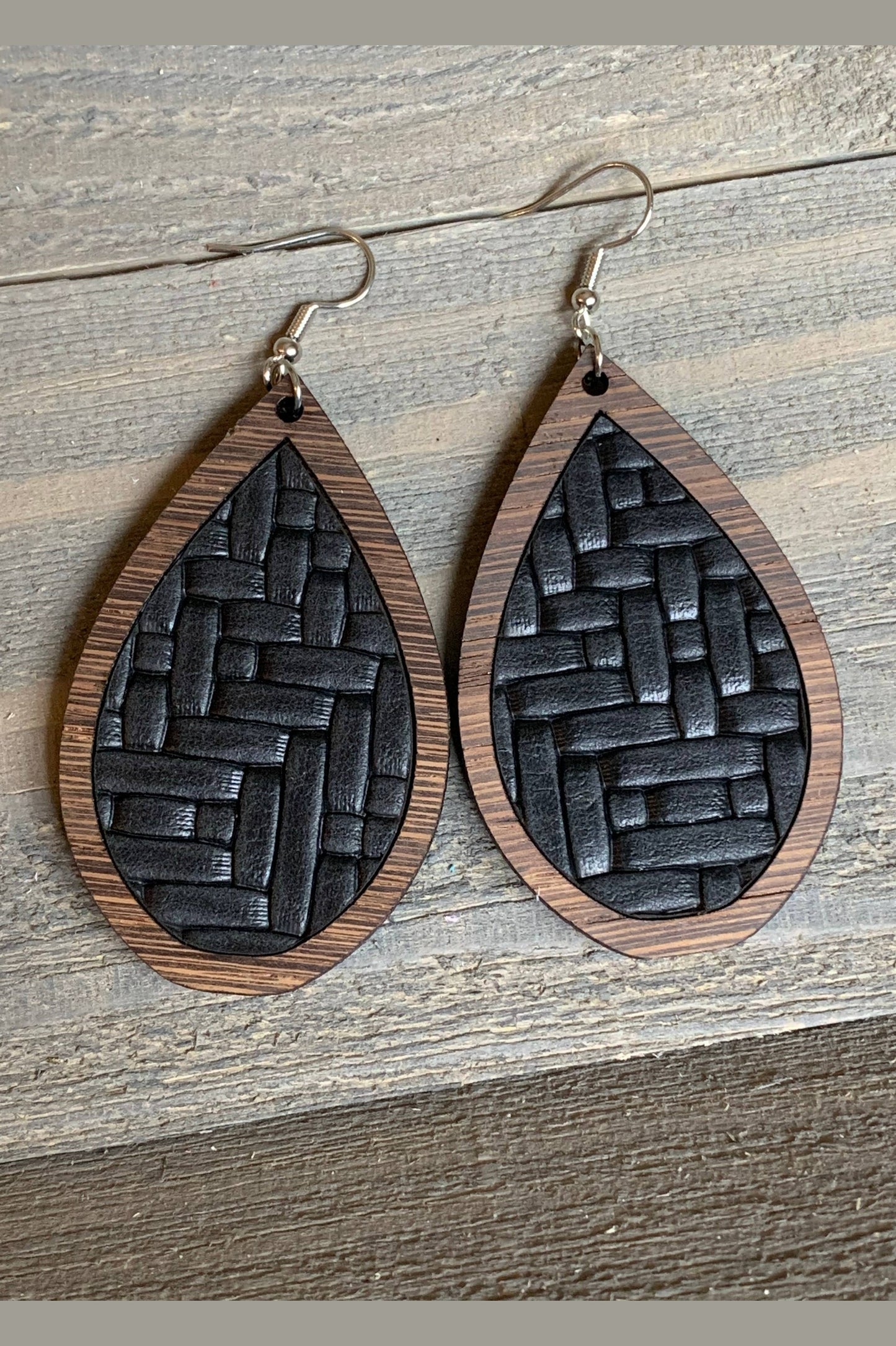 Wood Teardrop Earrings with Black Basket Weave Leather: Medium