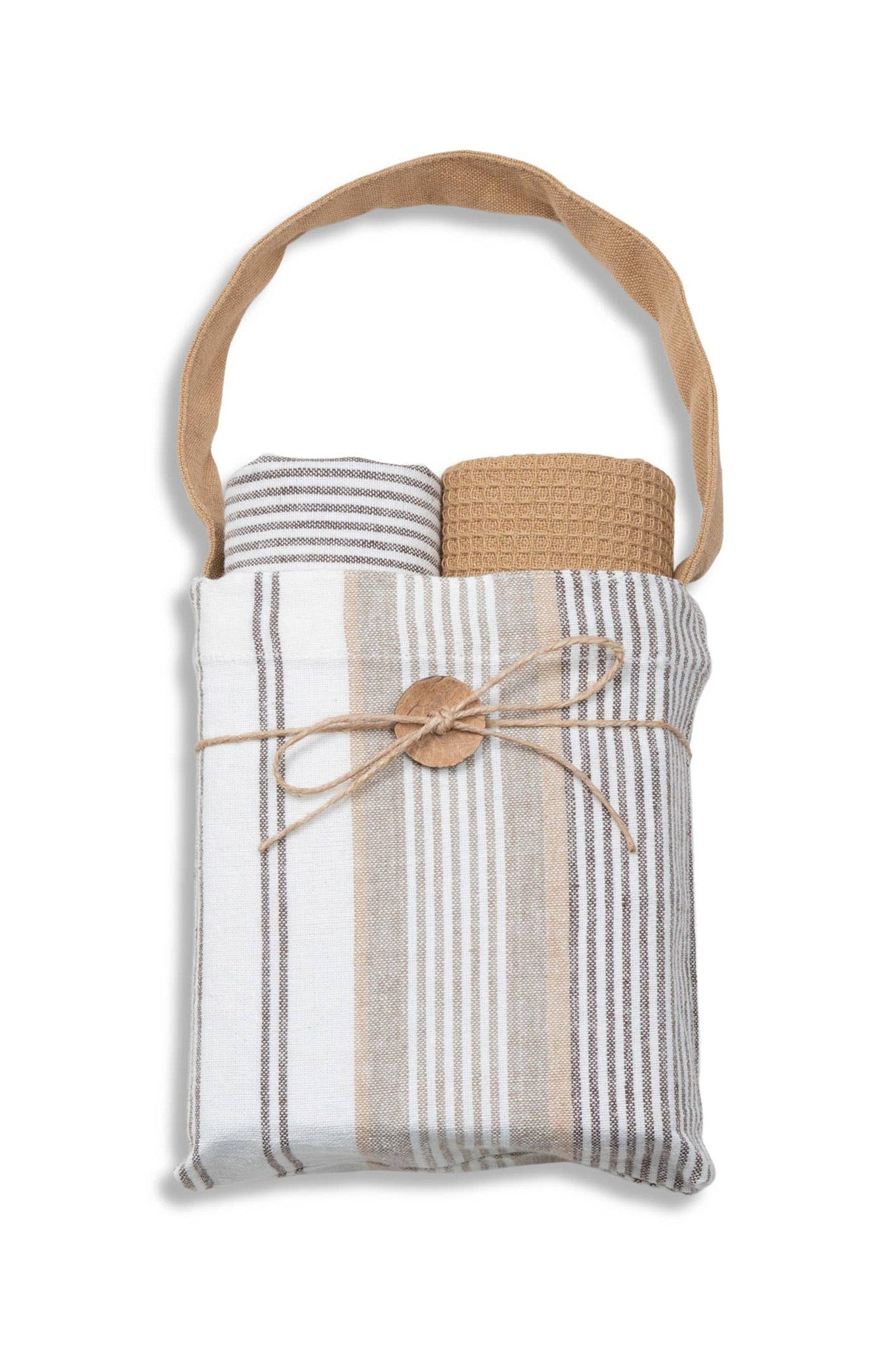 3 Piece Tan Stripe Kitchen Tea Towel Set