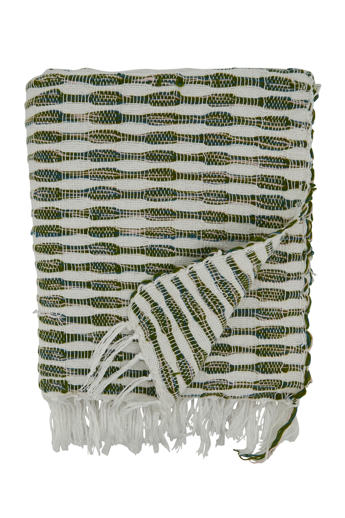 Green Woven Line Cotton-Acrylic Throw Blanket
