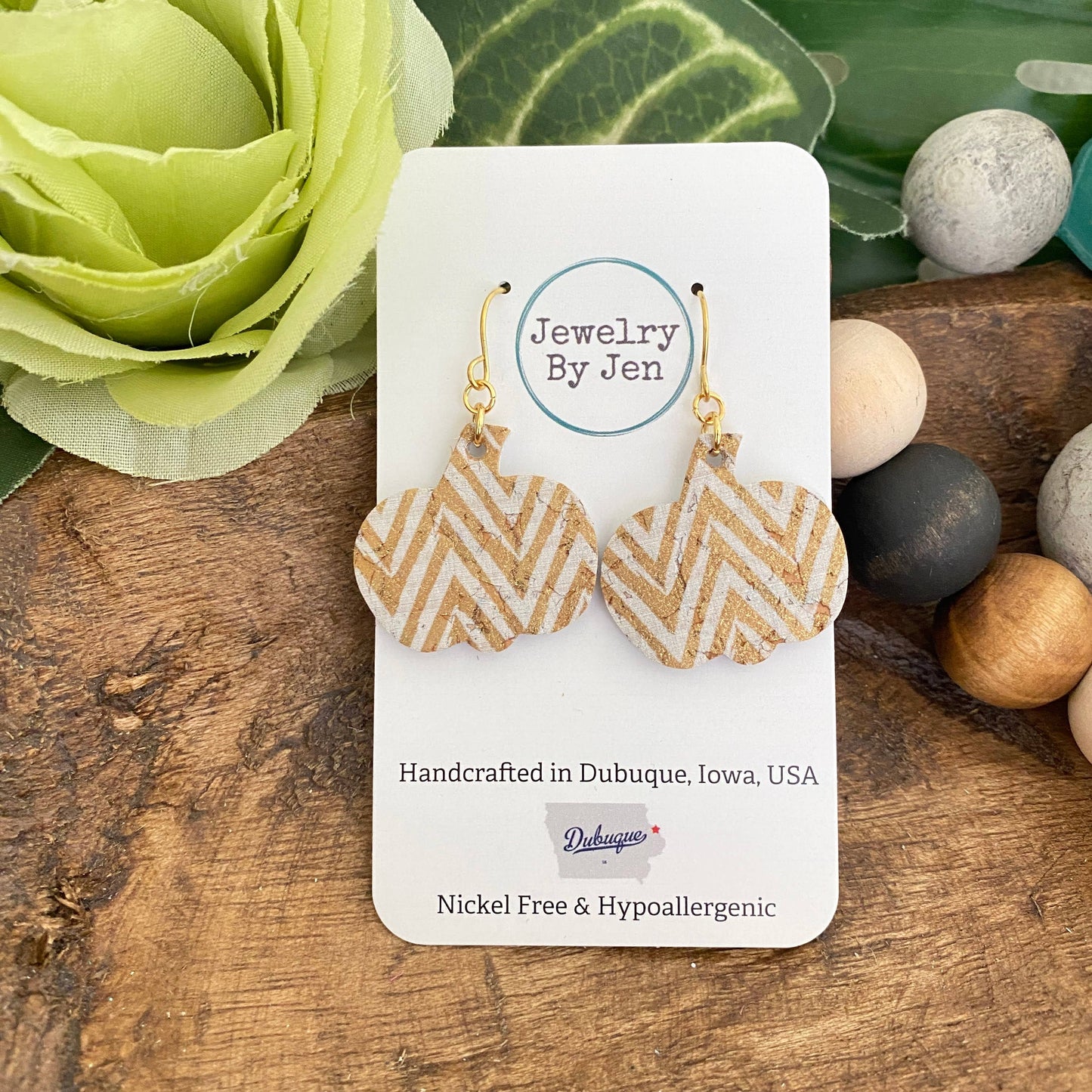 Small Pumpkin Gold & White Chevron Earrings
