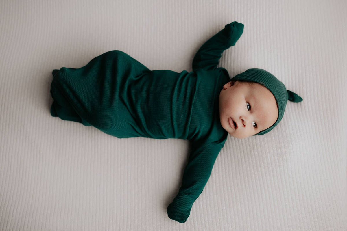Forest Green Ribbed Knotted Newborn Baby Gown Sleepwear: Gown