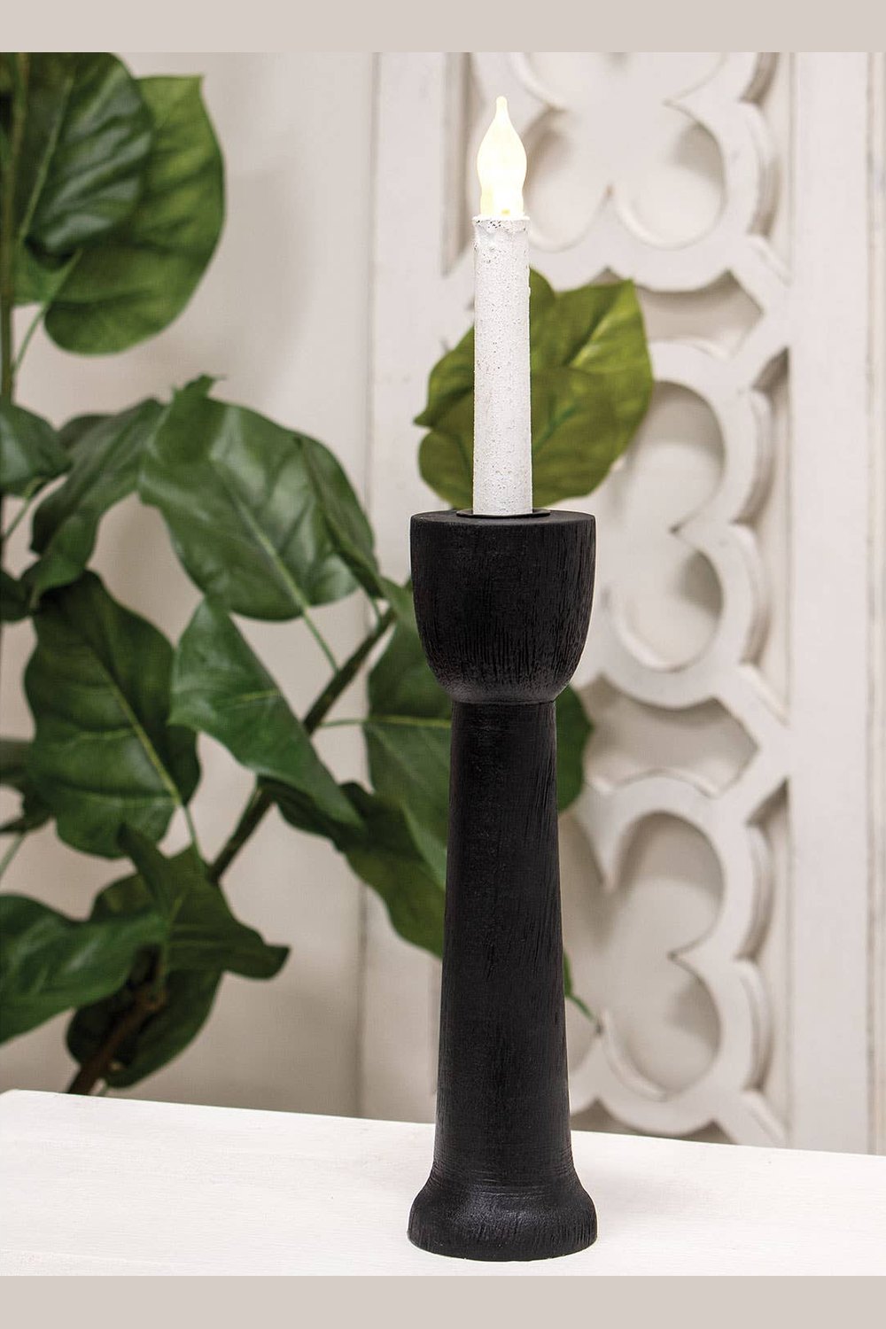 Brushed Black Wood Taper Holder, 10"