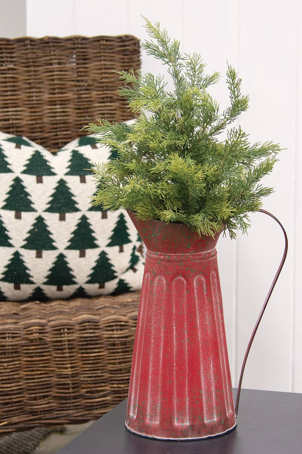 Green Splattered Red Ribbed Metal Water Pitcher