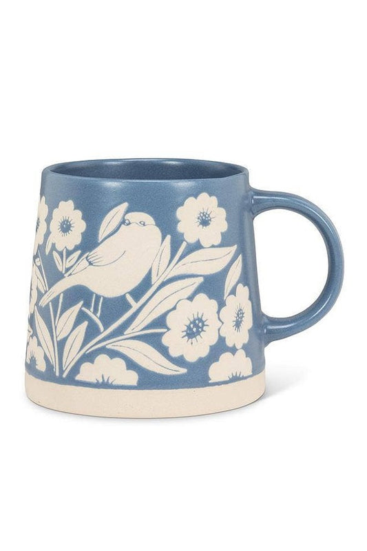 Birds & Leaves Wide Base Mug with Leaves & Birds-Blue-3.5"H(14oz)