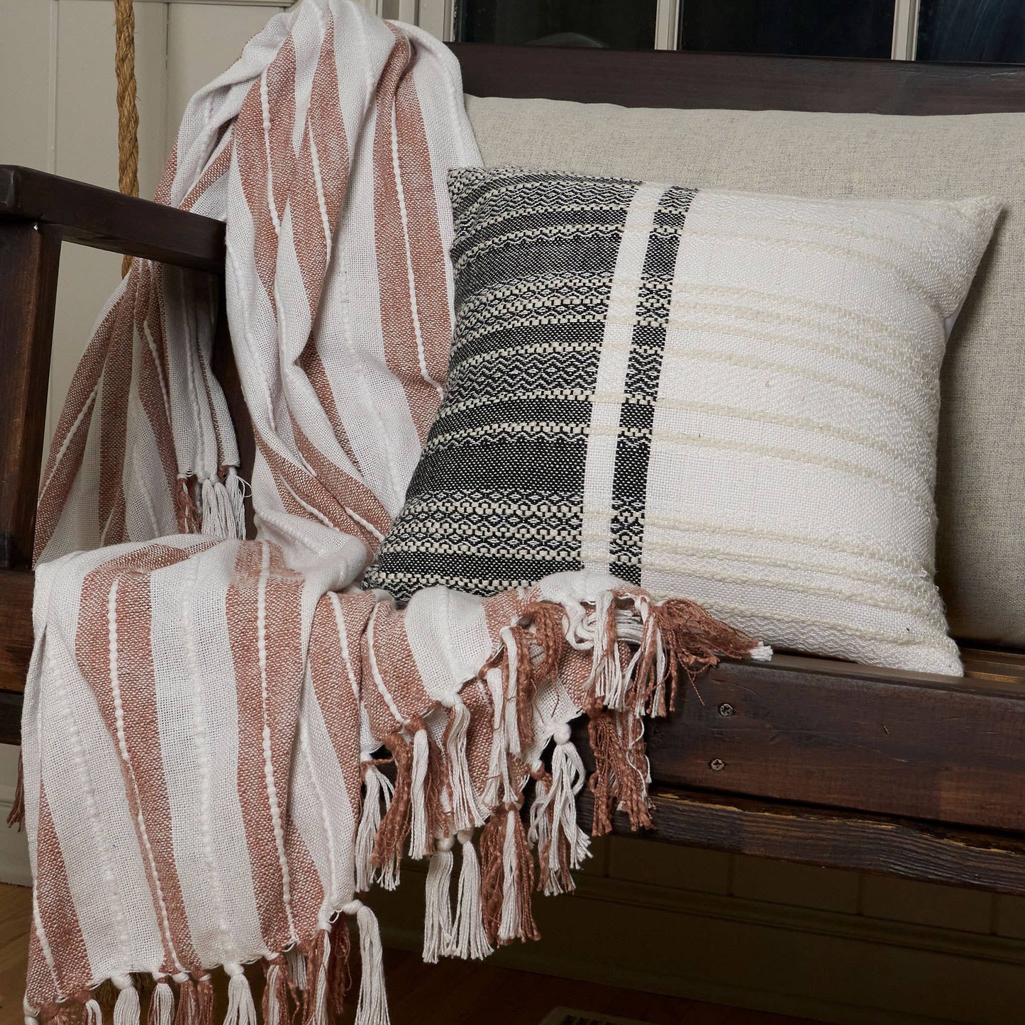 Genevieve 18X18" Handwoven Striped In/Outdoor Throw Pillow: Blue