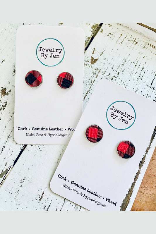 Stud Earrings: Black & Red Plaid