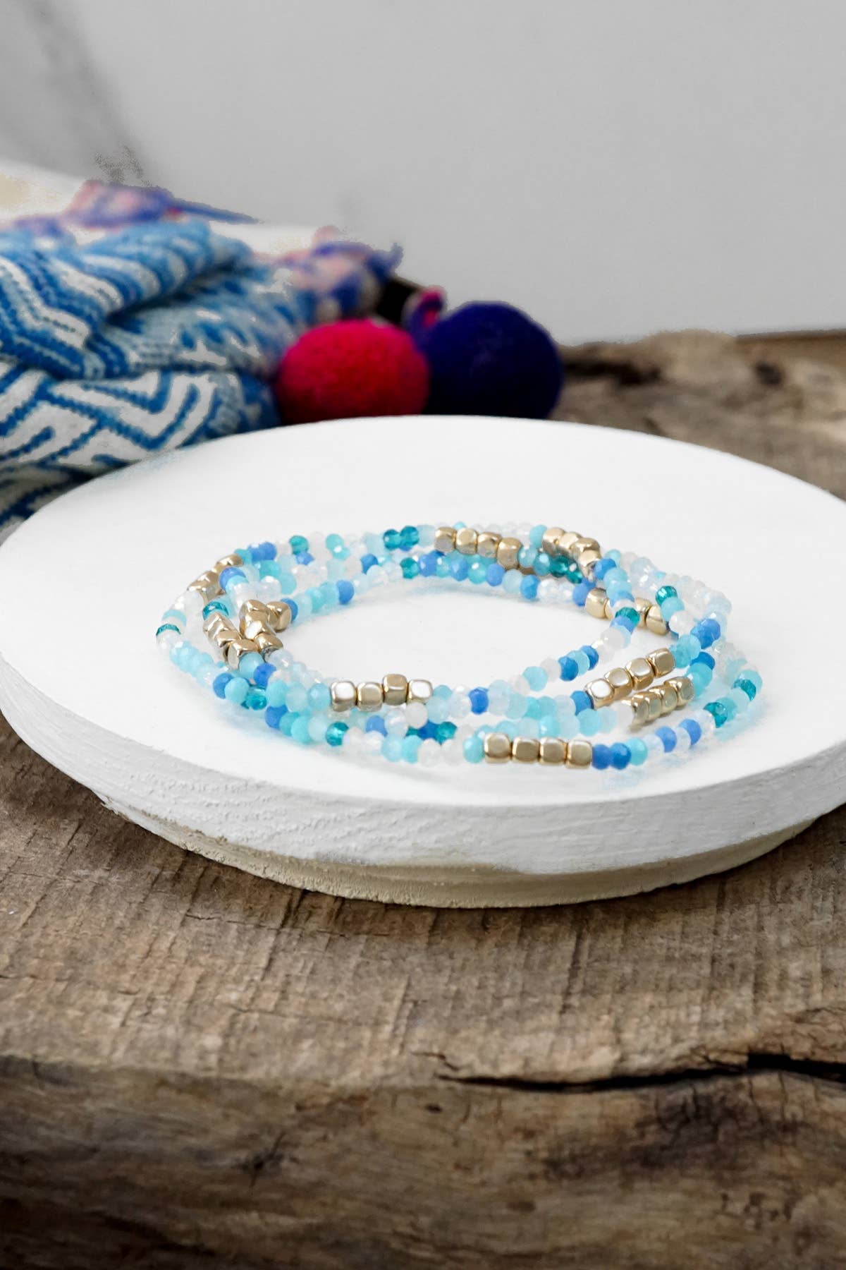 Gold tone 4 layering bracelets stack multi color glass beads: Neutrals mix