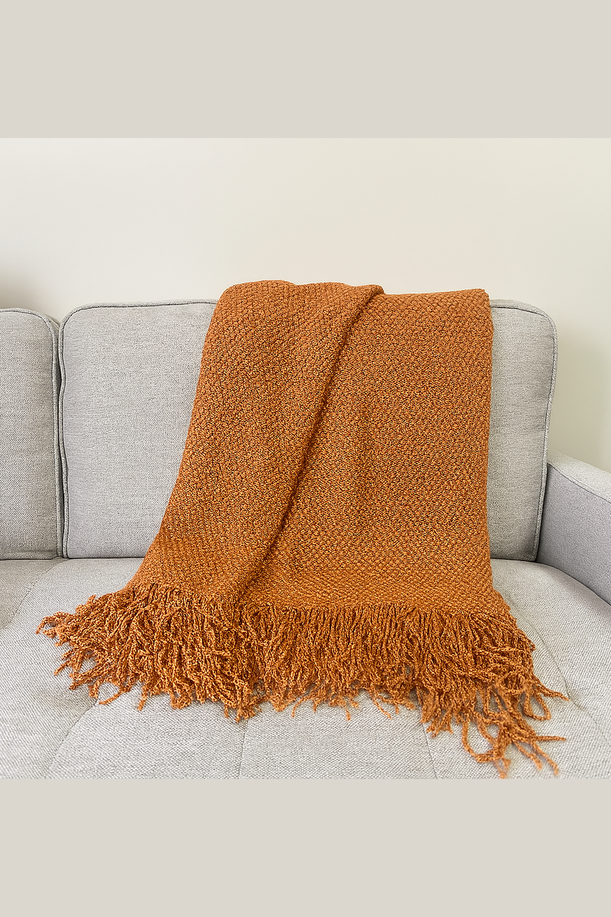 Knit Textured Throw Blanket with Fringe