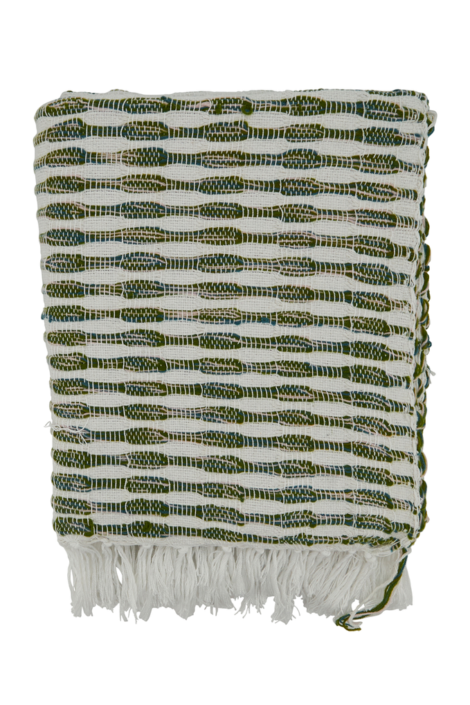 Green Woven Line Cotton-Acrylic Throw Blanket