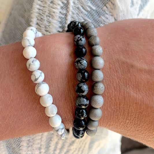 Black & White Gemstone Elastic Bracelets - Set of 4