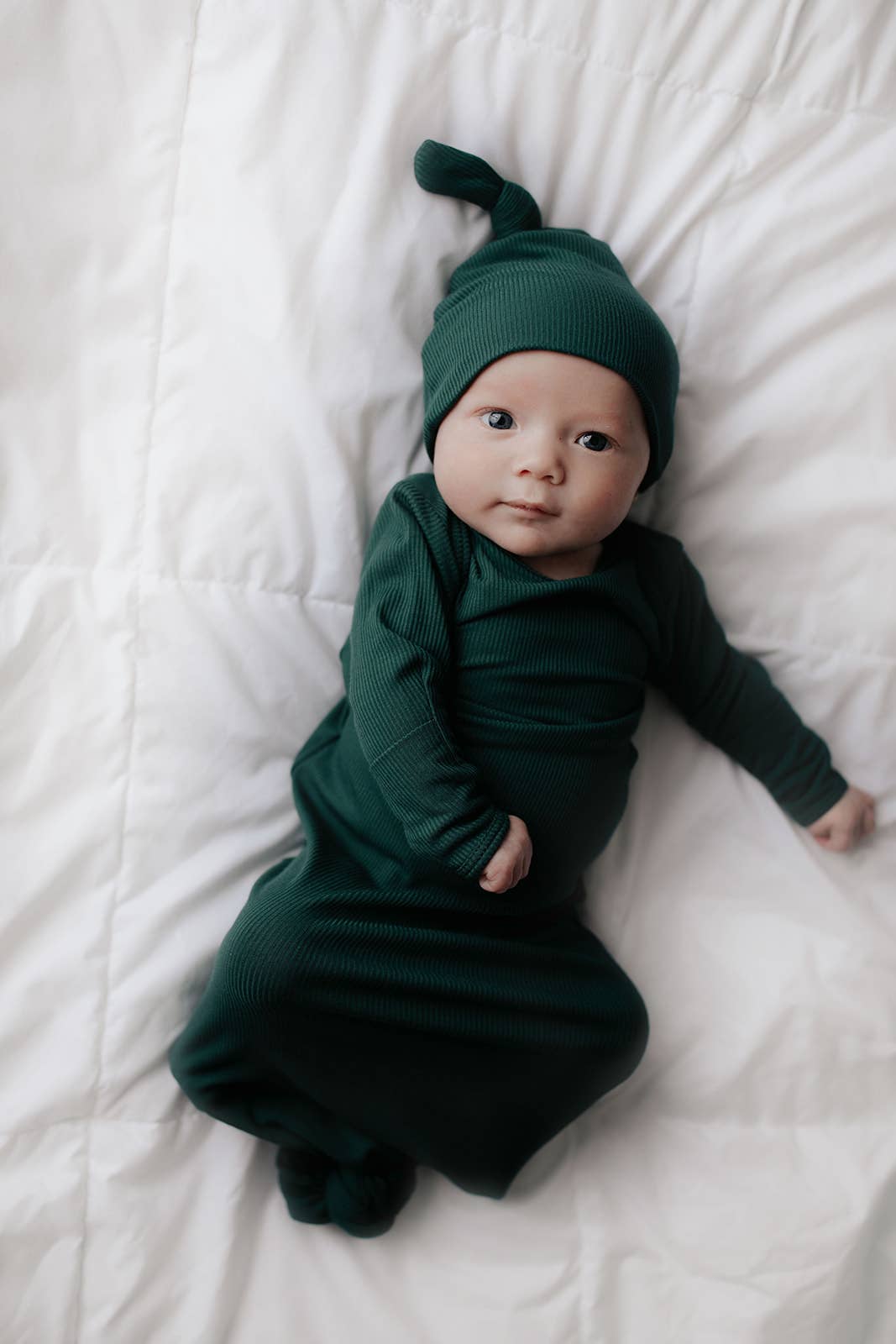 Forest Green Ribbed Knotted Newborn Baby Gown Sleepwear: Gown