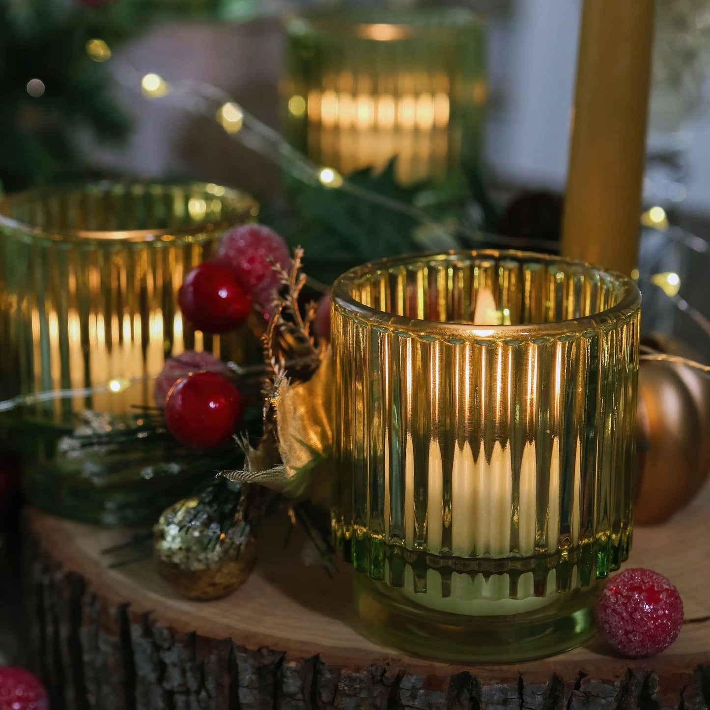 Ribbed Green Glass Votive Candle Holder