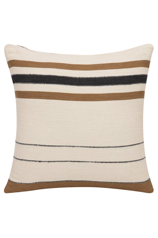 Transitional Hand-Woven Modern Striped Cotton Throw Pillow: Ivory/Brown / Pillow- Poly Filled