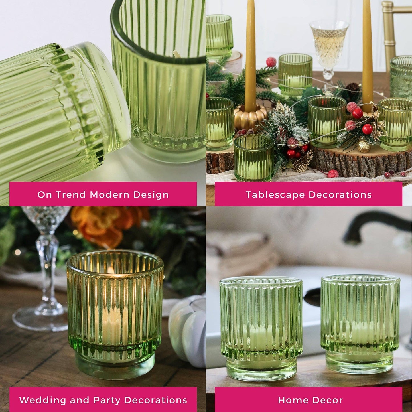 Ribbed Green Glass Votive Candle Holder