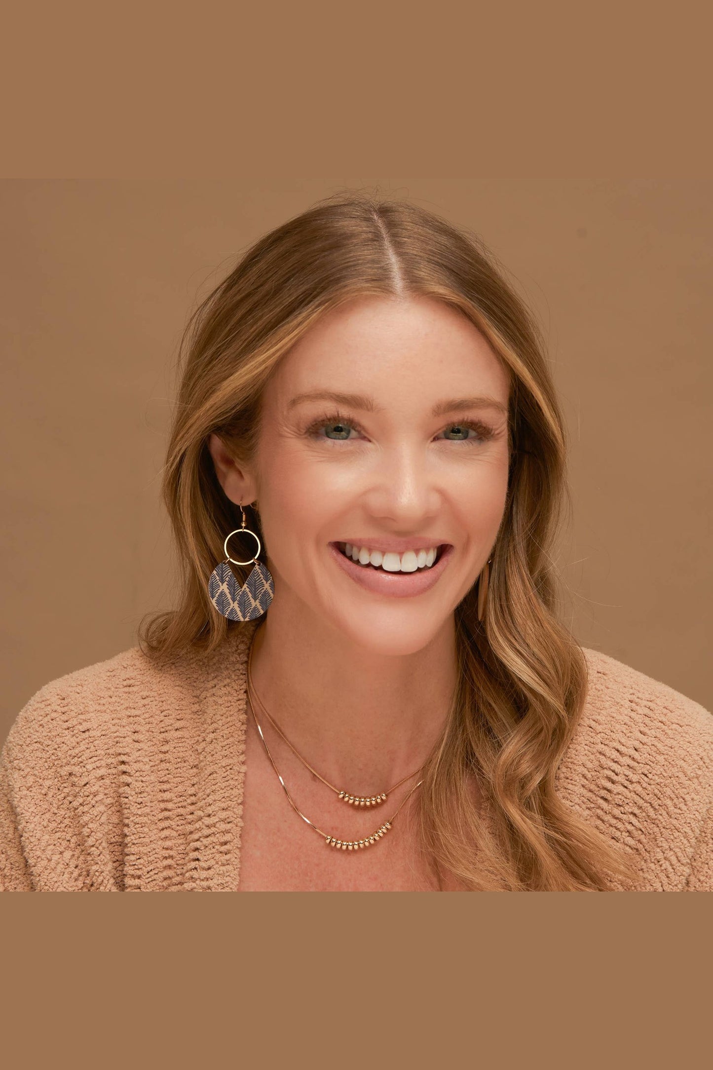 Jolie Wooden Leaf Print Gold Drop Earrings