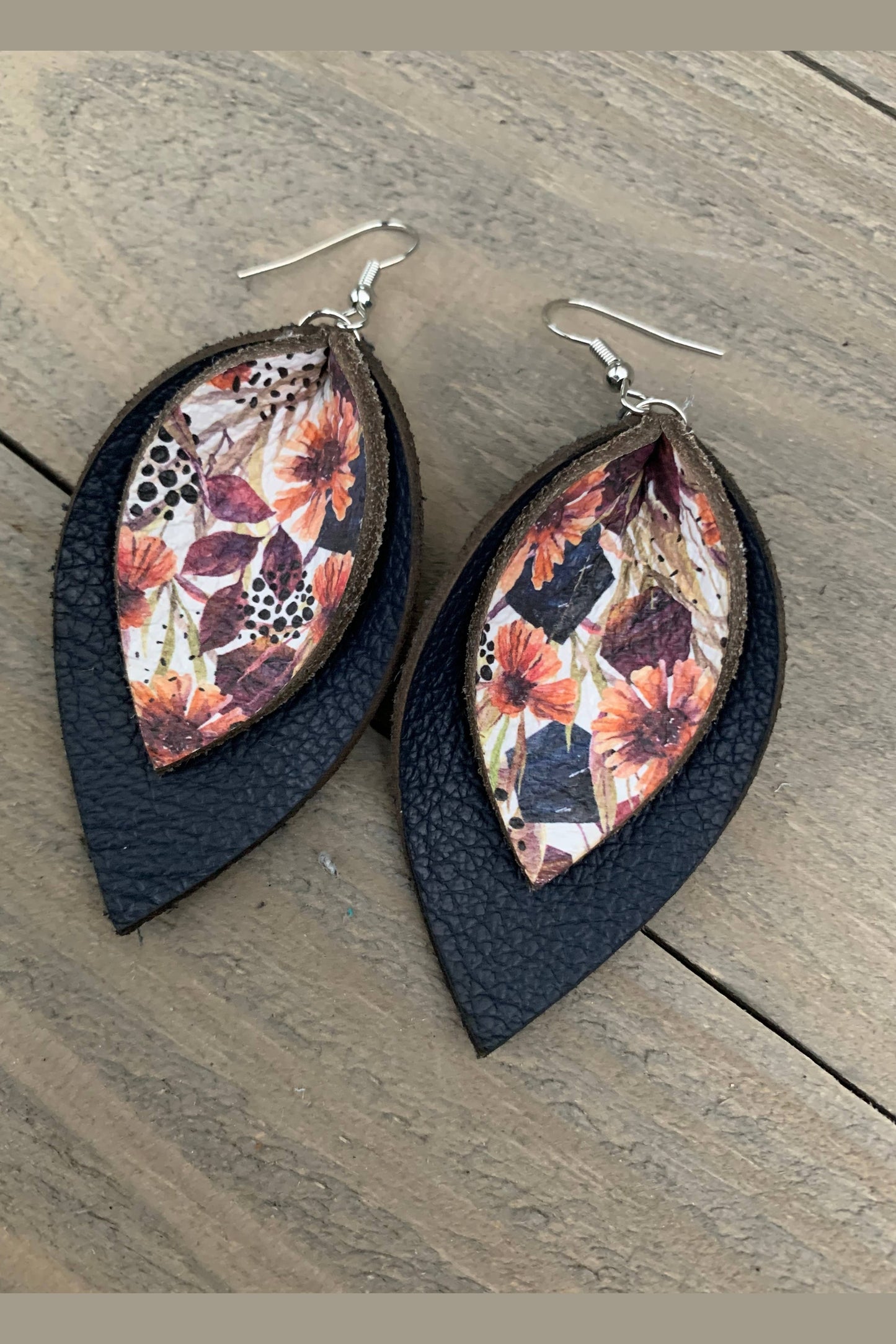 Navy Fall Floral Double Layered Petal Leather Earrings