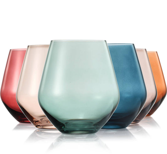Pastel Colored Stemless Crystal Wine Glasses | 6 set | 16 oz