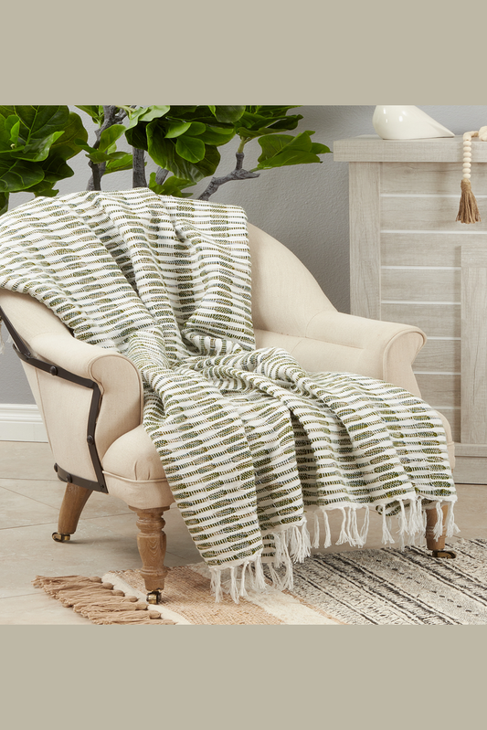 Green Woven Line Cotton-Acrylic Throw Blanket