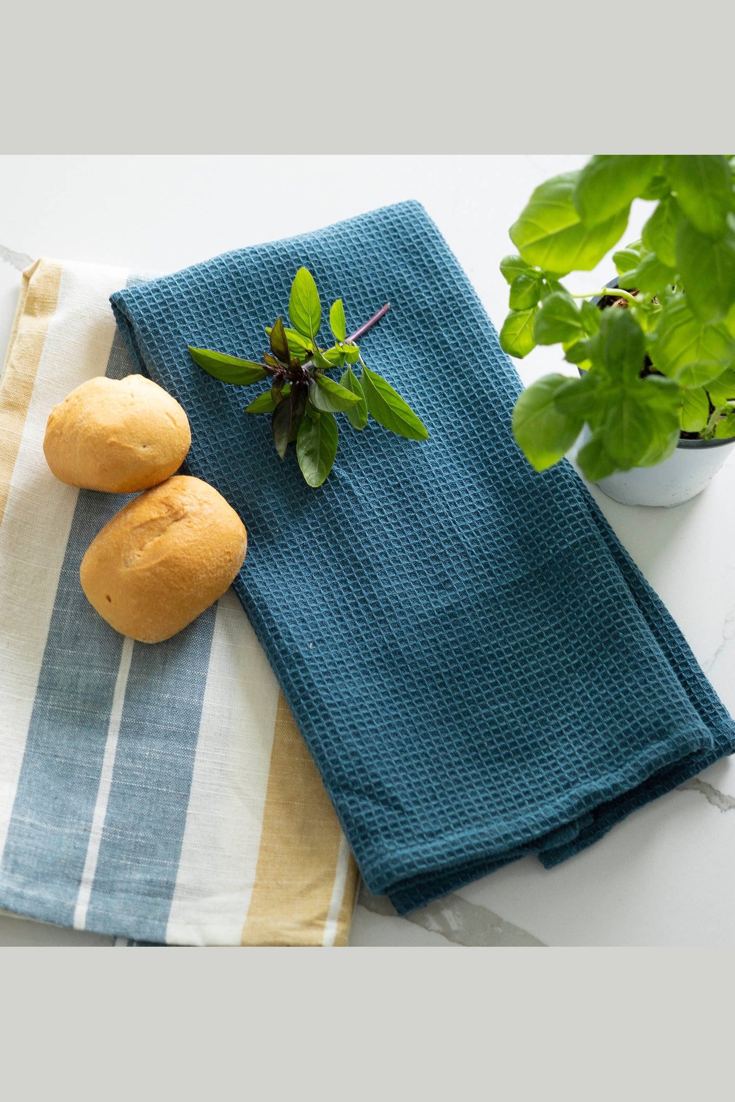 3 Piece Blue & Tan Stripe Kitchen Tea Towel Set