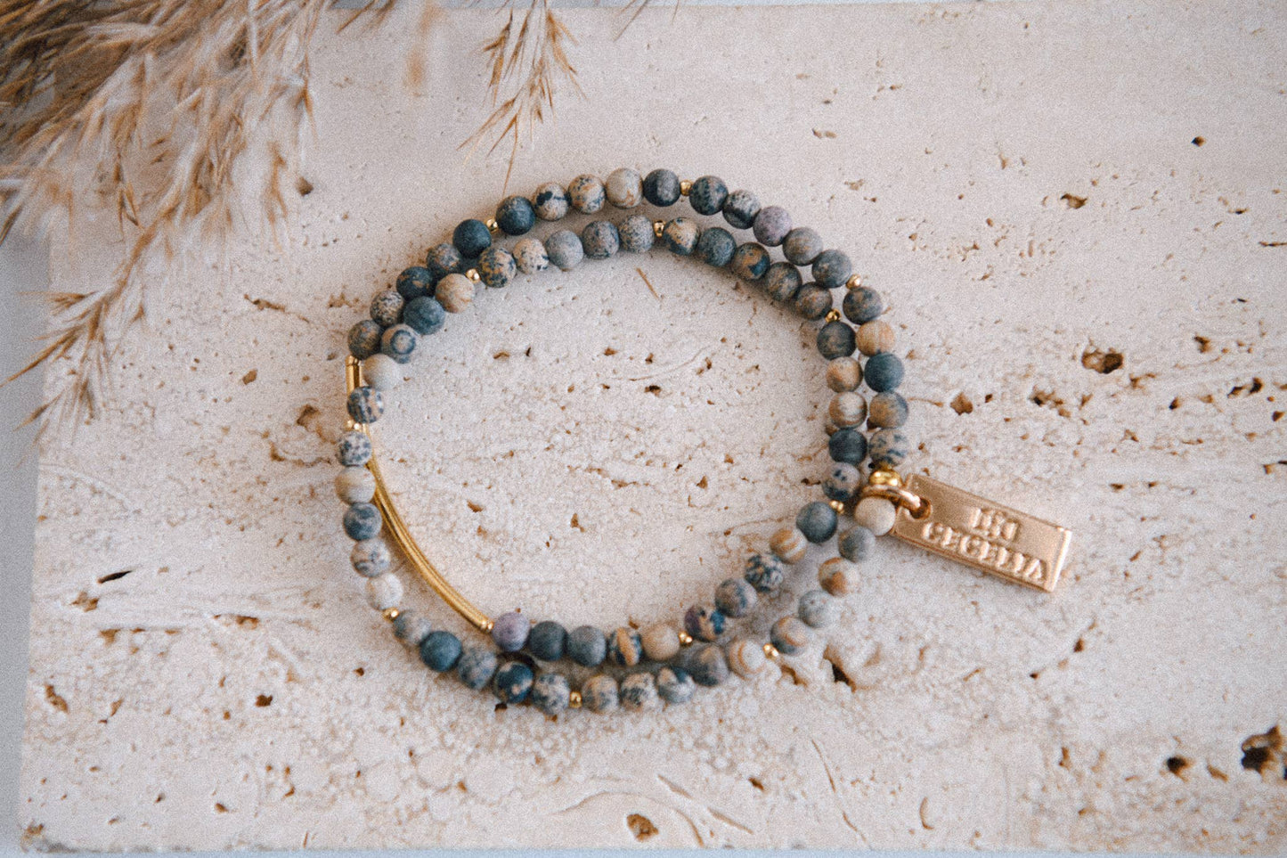 African Turquoise Genuine Gemstone and Gold Double Wrap Bracelet