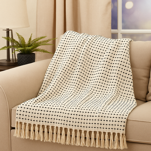 Ivory Stitch Line Cotton Throw Blanket