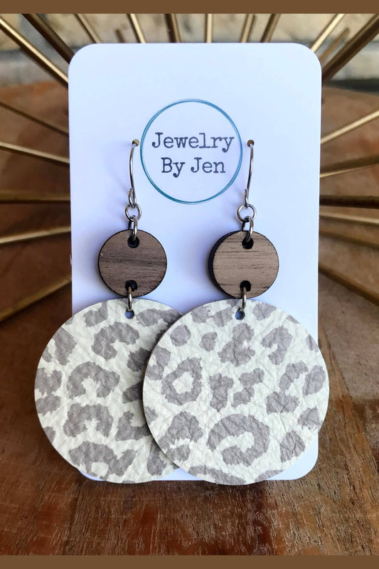 Cream Cheetah Leather/Walnut Round Circle Earrings