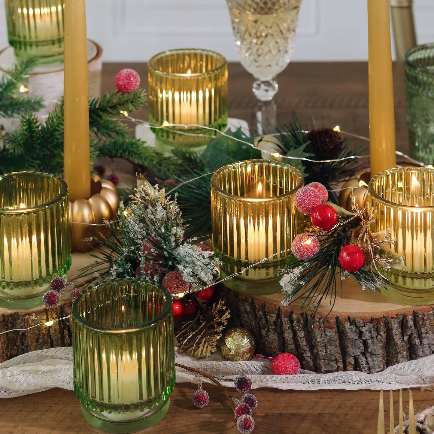 Ribbed Green Glass Votive Candle Holder