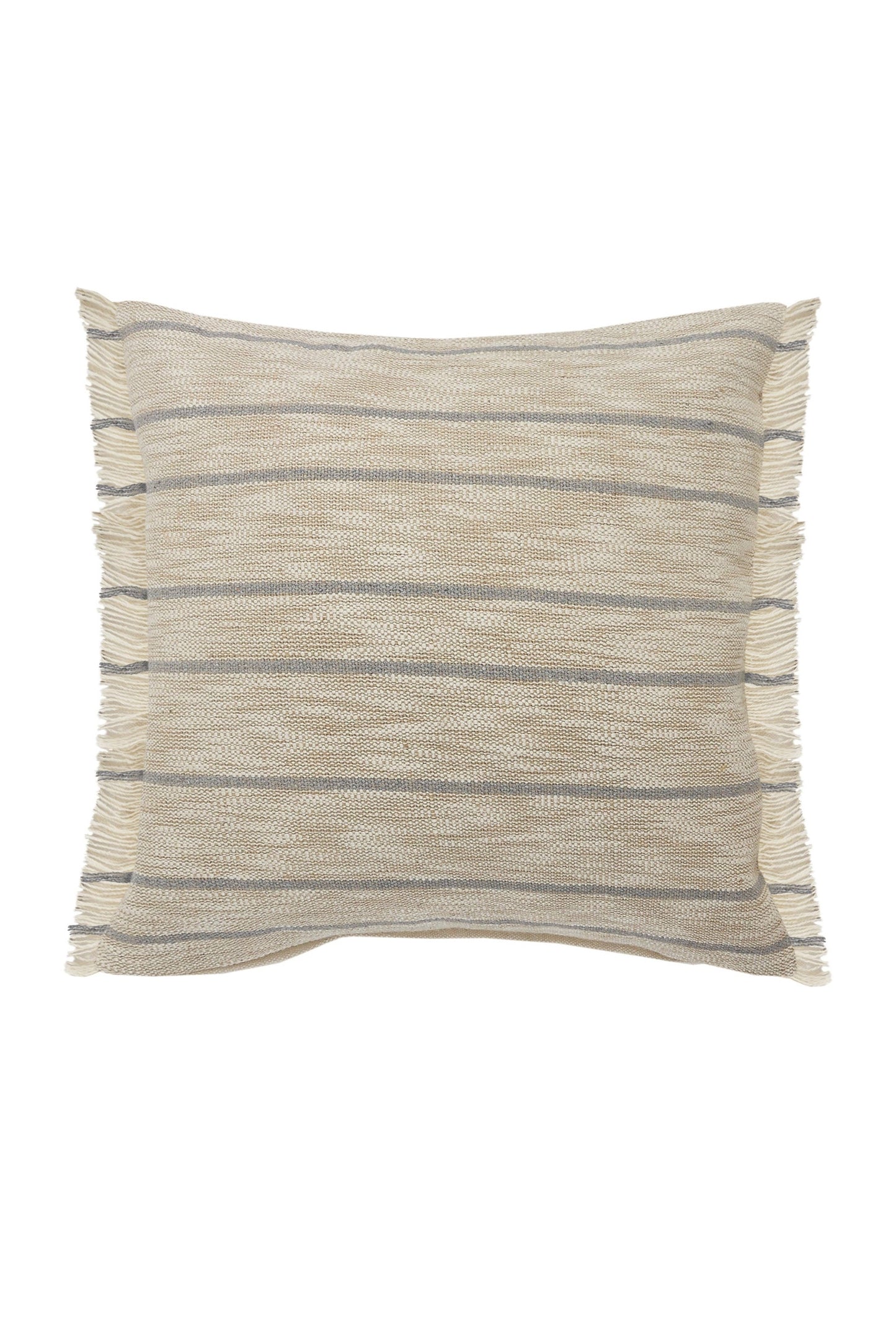 Coastal Cottage Minimalist Striped Throw Pillow with Fringe: Taupe/Blue / Poly Filled