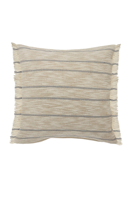 Coastal Cottage Minimalist Striped Throw Pillow with Fringe: Taupe/Blue / Poly Filled
