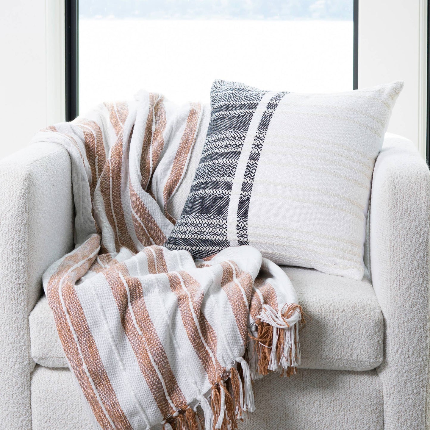 Genevieve 18X18" Handwoven Striped In/Outdoor Throw Pillow: Blue