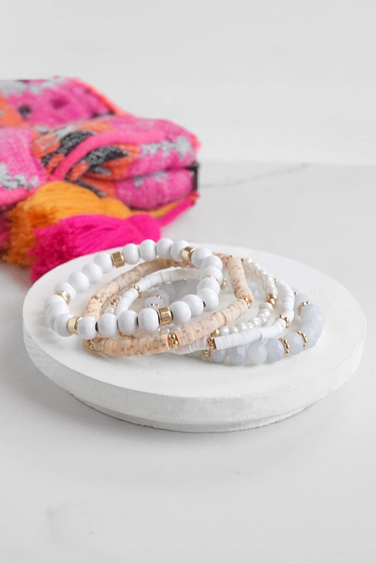 Summer Fresh Neutrals stack clay glass wood beads bracelets set: Whites