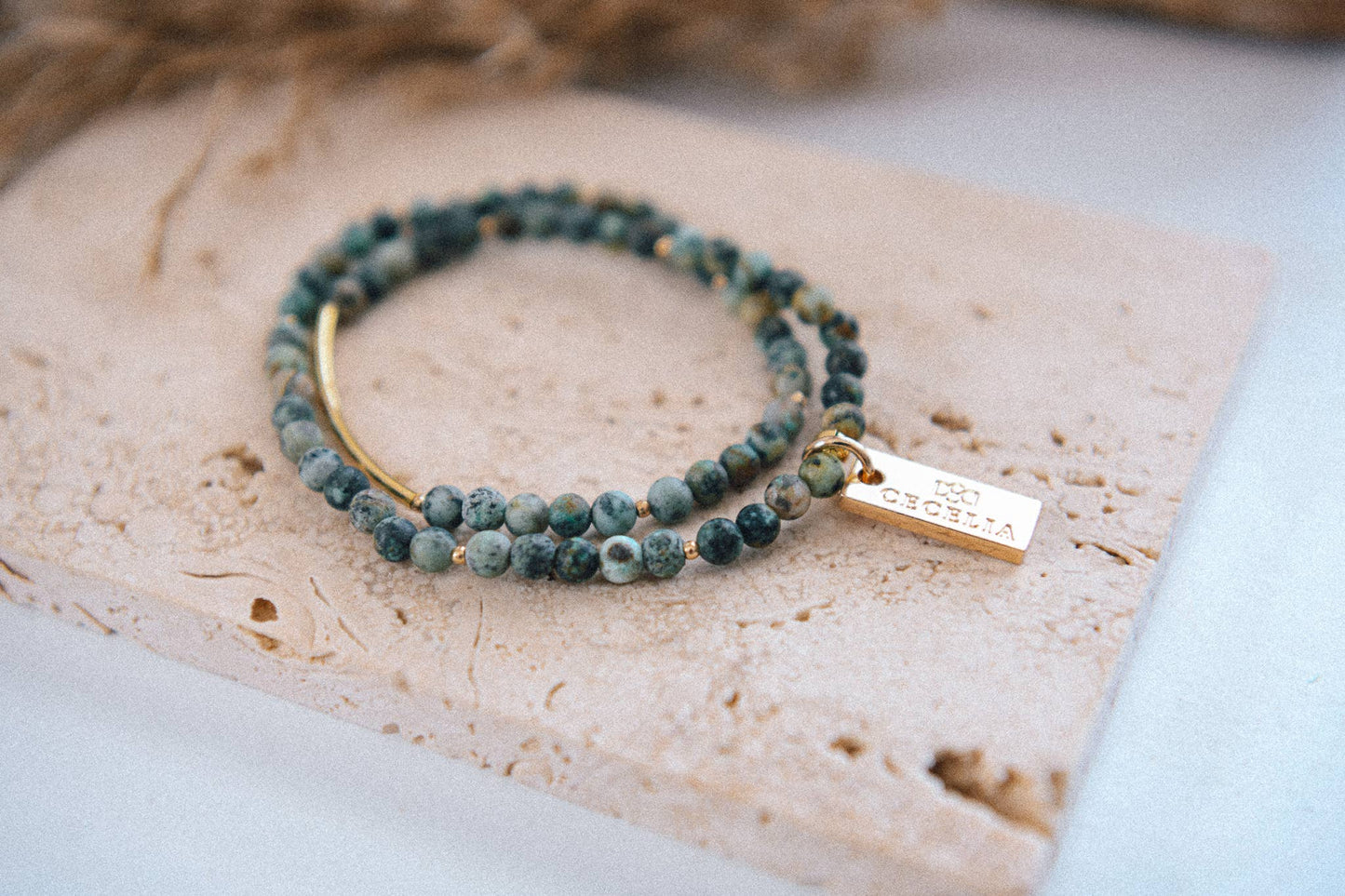 African Turquoise Genuine Gemstone and Gold Double Wrap Bracelet