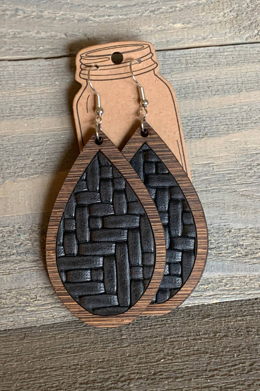 Wood Teardrop Earrings with Black Basket Weave Leather: Medium