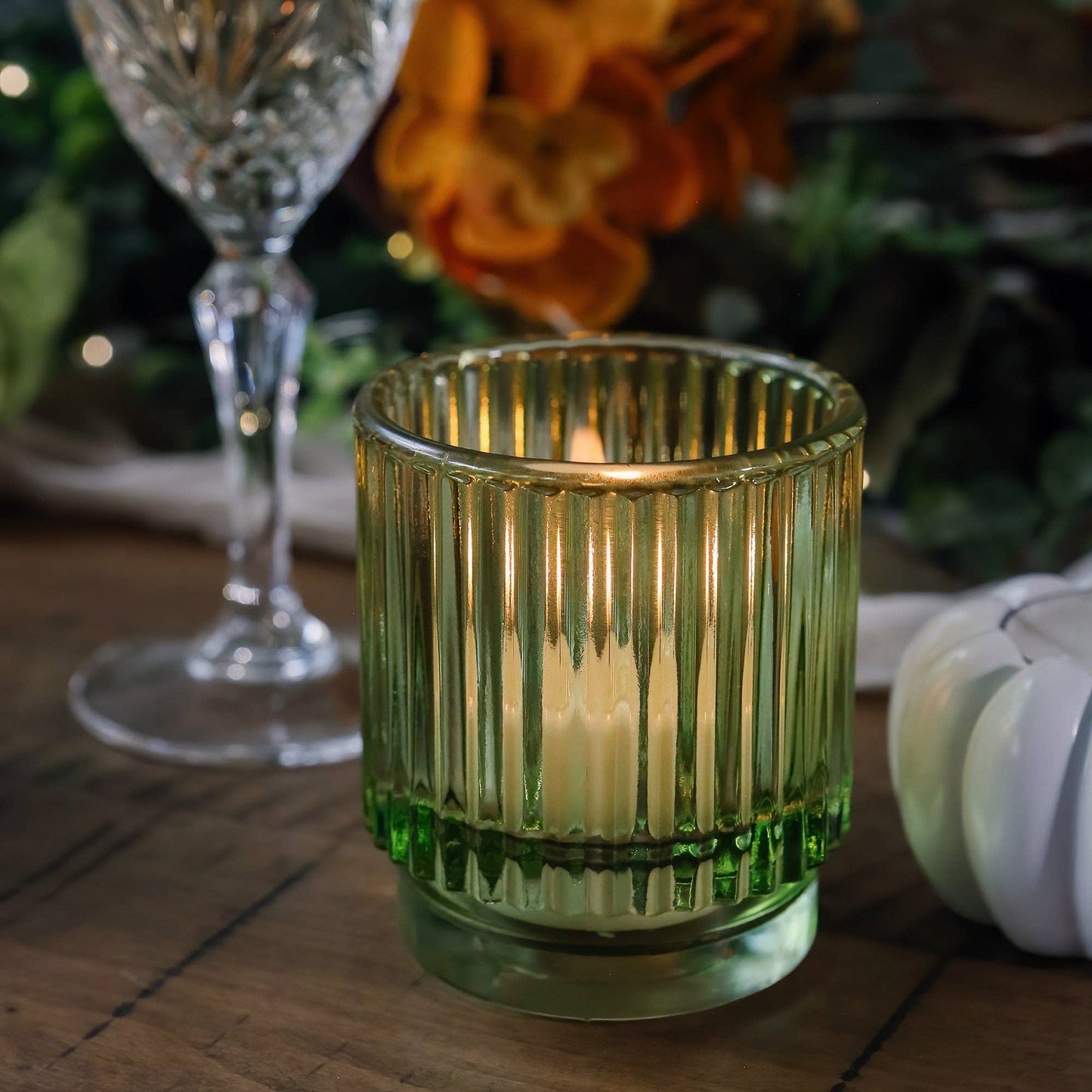 Ribbed Green Glass Votive Candle Holder