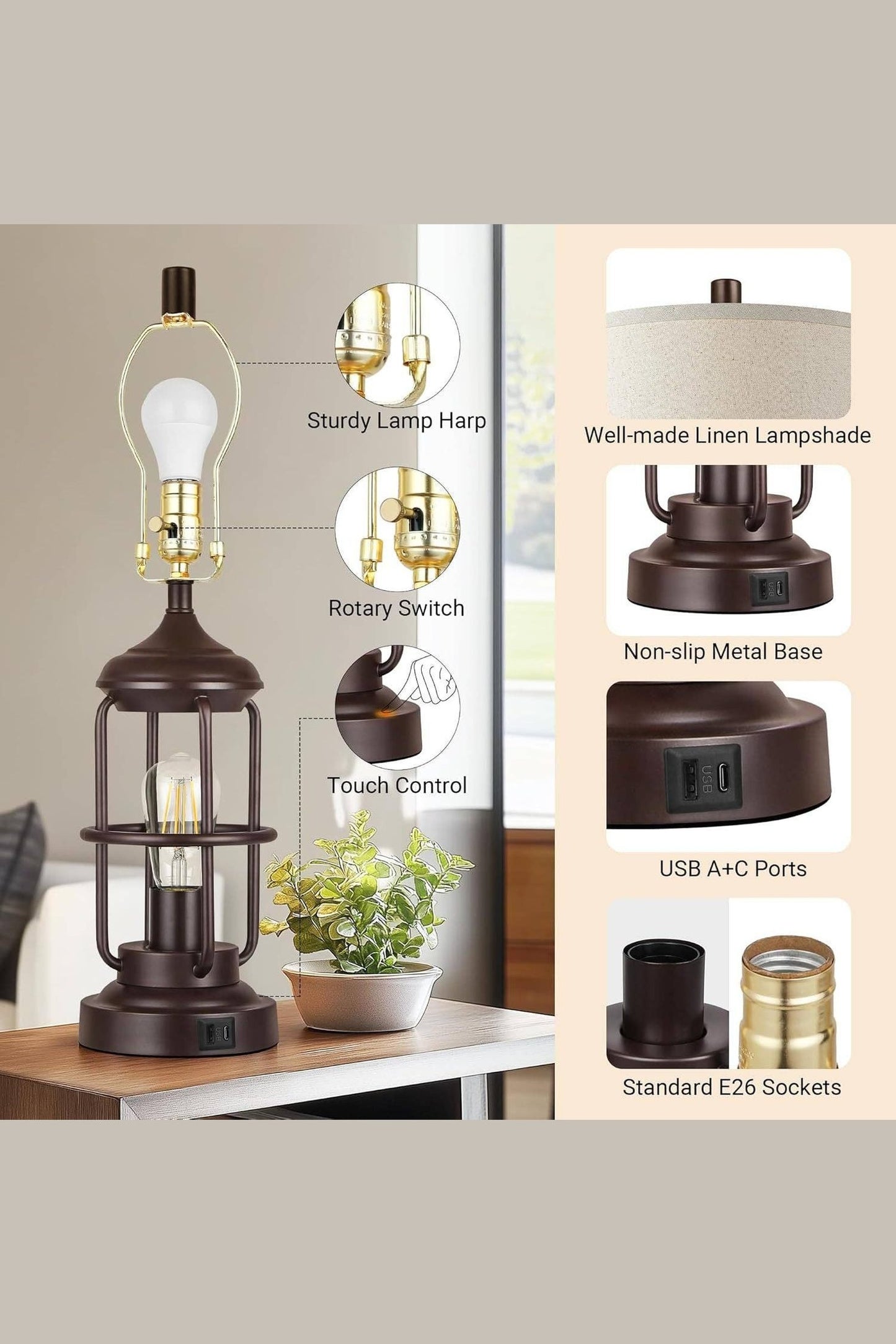 Set of 2 Table Lamps with USB Ports