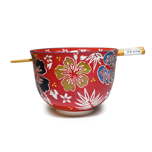 Red Hibiscus Flowers Mira 5" Ramen Bowl w/ Chopsticks