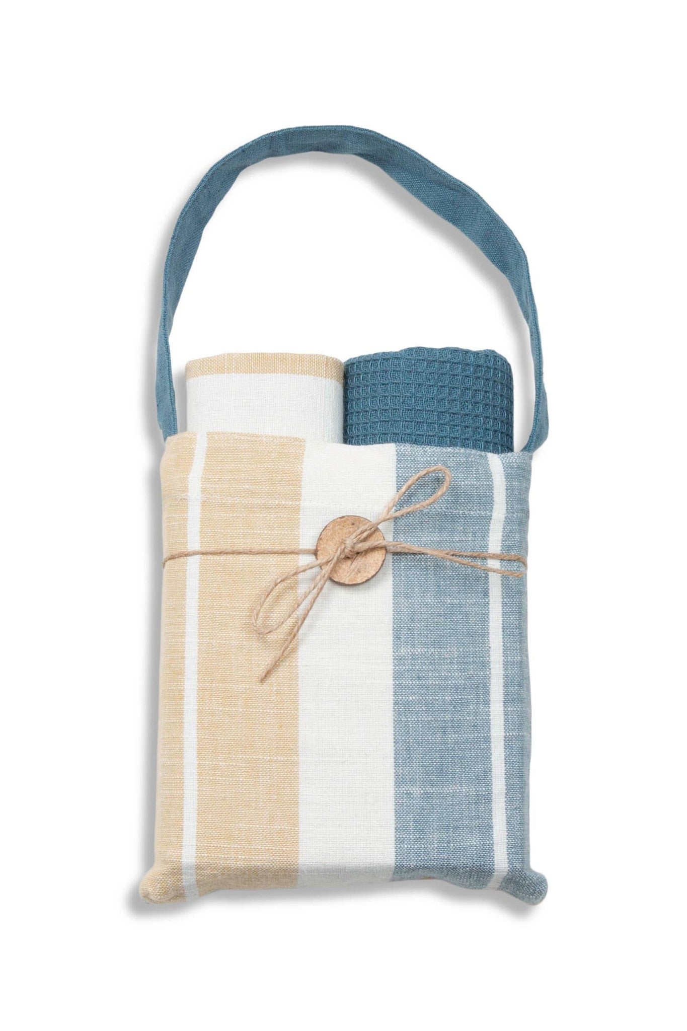 3 Piece Blue & Tan Stripe Kitchen Tea Towel Set