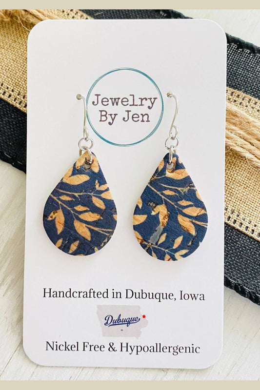 Navy Willow Cork Teardrop Earrings