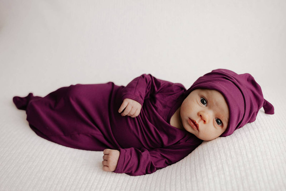Plum Purple Knotted Newborn Baby Gown : Plum Gown With Bow