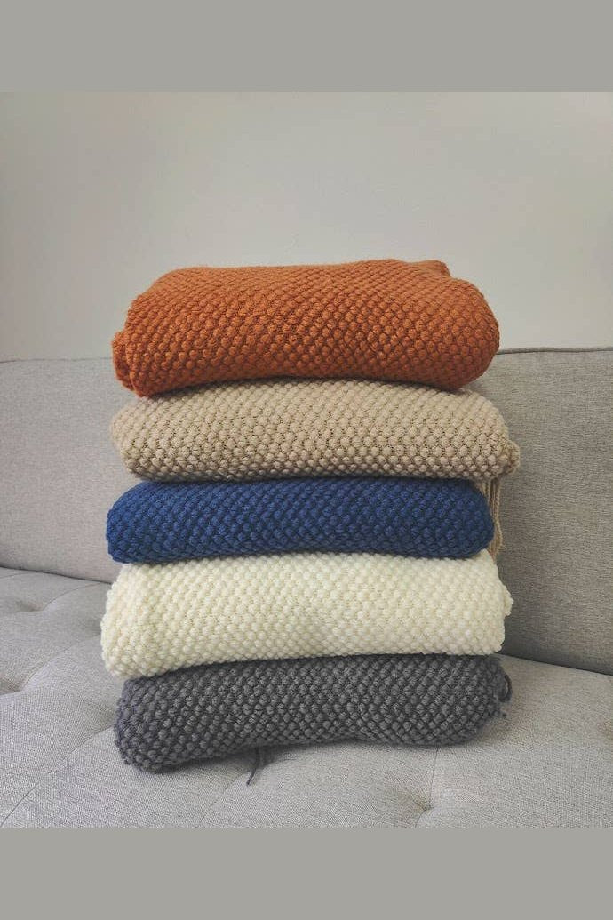 Knit Textured Throw Blanket with Fringe