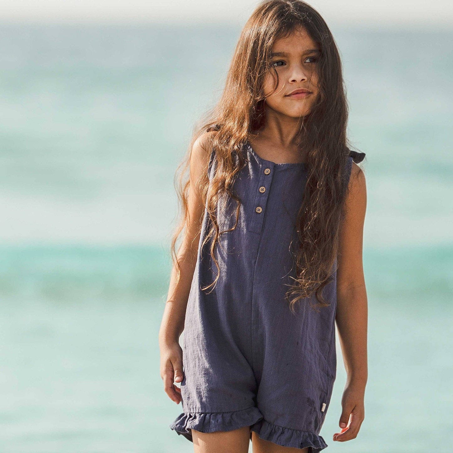 Check Gauze Blue Girl Romper - Blue Smoke: 6-9M