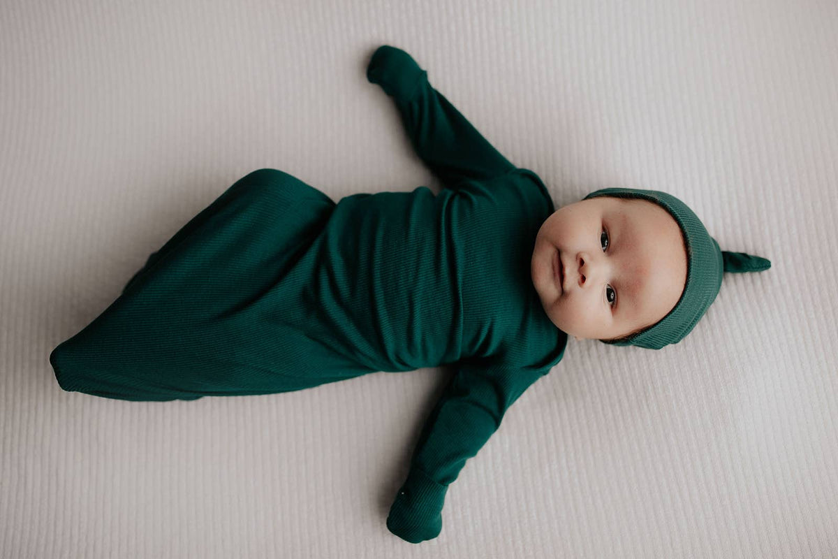 Forest Green Ribbed Knotted Newborn Baby Gown Sleepwear: Gown