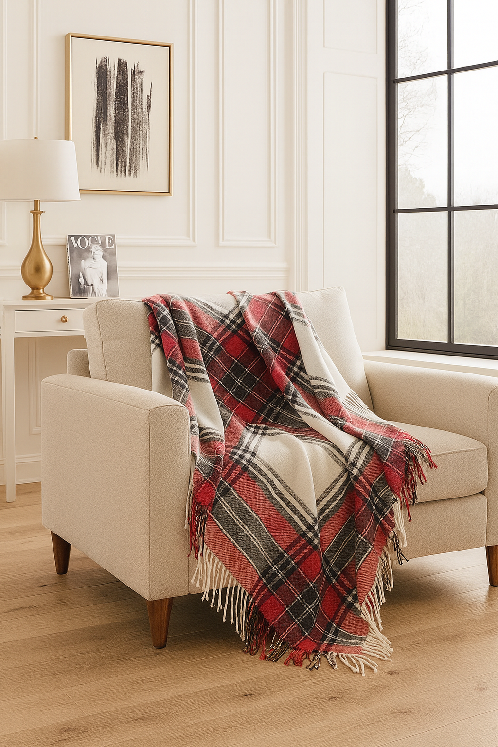Red Classic Plaid Tassel Trim Throw Blanket